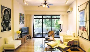 A spaceous interior in traditional modern style with a ceiling fan